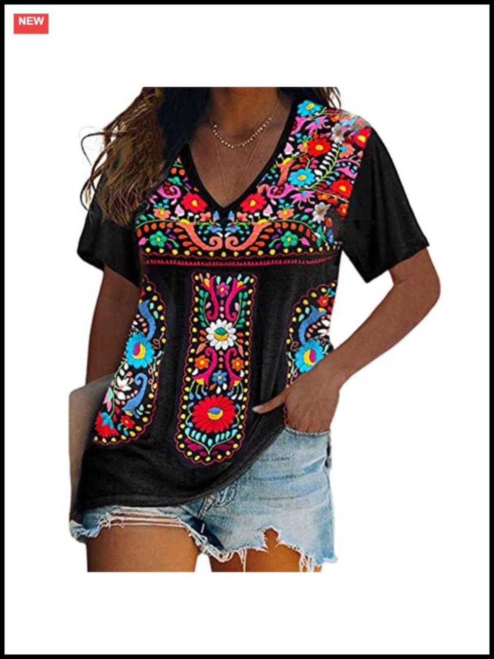 Mexican Embroidered Peasant Blouse Short Sleeve Fiesta Top Floral Women's